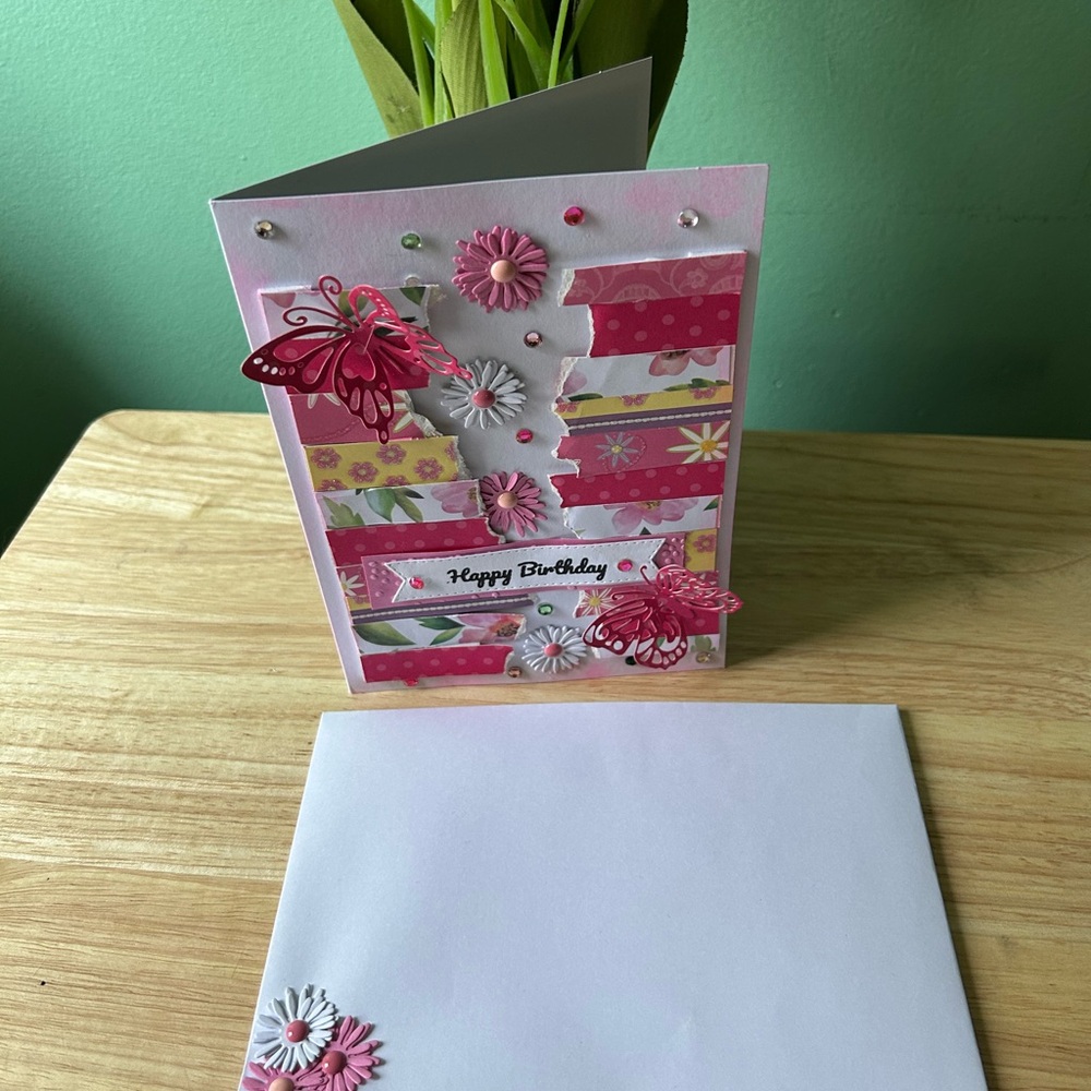 Pink Butterfly and Floral Birthday Card